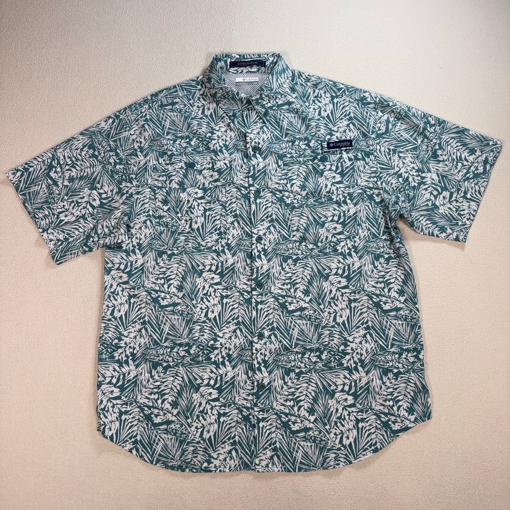 Columbia PFG Vented Shirt Men's M Green Super Tamiami Tropical Pockets Fishing